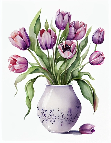 detailed vibrant watercolor bouquet of purple tulip flower in plain ceramic vase white space , isolated on white background, realistic, clipart