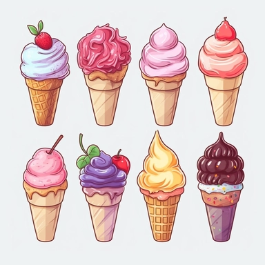 clipart illustration set ice cream cone, sundae, banana split, popsicle, pastel colors, isolated, no background, hd