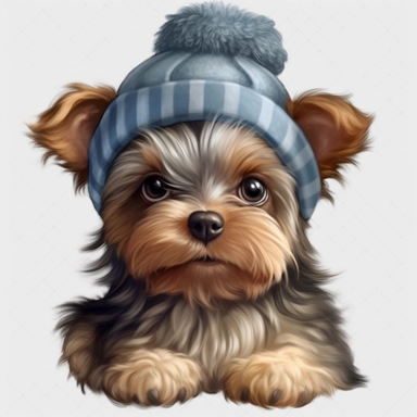cute Yorkshire Terrier Puppy disney character with cute eyes sitting and wearing a light blue beany hat png clipart