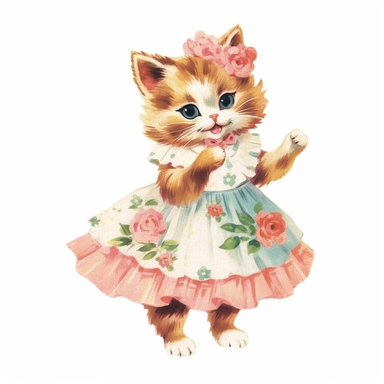 50s vintage kitsch cat illustration clipart, watercolor, Hand drawn painting, isolated on white background, watercolor illustration by katie daisy, highly detailed, white background for removing background - - no text shadow font watermark