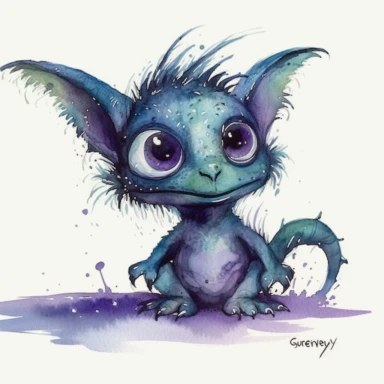 ink wash cute creature clipart on transparent background, rodney matthews style, no splash, black inky blue purple violet green, single sheet, 4k