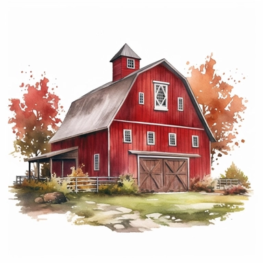 vector watercolor red barn in autumn clipart on white background, photorealistic, ultrarealisticno background, on white