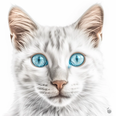 A charming color pencil clipart icon without outline, without signature, cat modeling, a cat is staring directly at the camera, photographically detailed portraitures on a transparent white background, dreamy glowing bright ice blue eyes on a short - haired cat washed in light to accentuate the glossy fur, extremely sharp macro lens focus on cat’s glowing bright ice blue eyes, extremely sharp macro lens focus on cat’s glowing bright pink nose, hyper - detailed professional photo, super detailed 