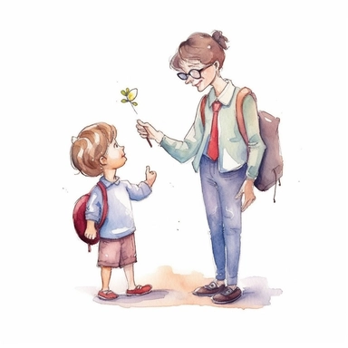 watercolor cartoon illustration, cute, teacher day clipart,adorable teacher and child, highest resolution and on white background. solid edges and clear clipart