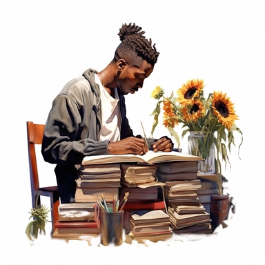 imagine black, African American young man reading at desk surrounded by books and sunflowers whilst reading intently, clipart, hyper realistic, watercolor style, white background