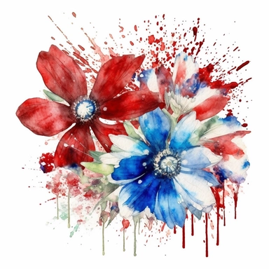 watercolor flowers, red white and blue, union jack, great britain, clipart, white background,