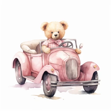 a cute Teddybear sitting in a pink car old timer, watercolor style, Clipart, white background