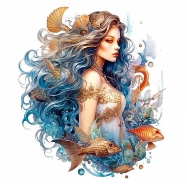 beautiful rich Russian style sea mermaid with long hair full body with fish tale, sea stars, sea shells, portrait, super high quality, high resolution, oil painting clipart, natural colors, isolated white background, 8k