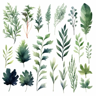 Watercolor foliage clipart, emphasis on dark green shades, intricate leaf patterns, artistic and nature-inspired designs, individual design