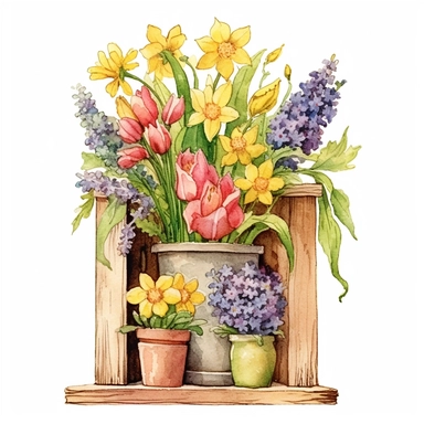Design a hand-drawn watercolor clip art image of a family gift niche adorned with birth flowers representing each family member. Customize the image by selecting the birth flowers for a family of five: a January baby (Carnation), a March baby (Daffodil), a July baby (Larkspur), an October baby (Marigold), and a December baby (Holly). Ensure that the colors are vibrant and the composition radiates love and warmth.