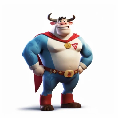 a cow dressed as superman, big muscles, full body image, pixar style, clipart
