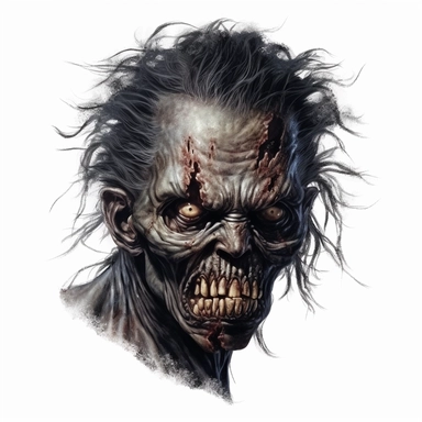 photorealistic scary evil face of a black zombie with hair, watercolor, ultra high-detail, dark outlines, hyperrealism, white background, clipart,