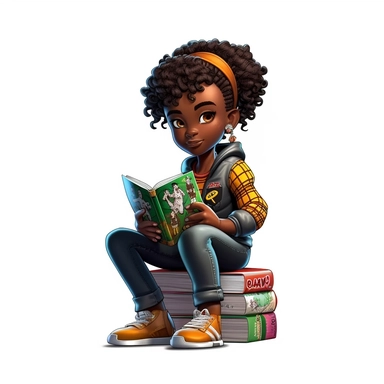 3D toy of a young happy black Afrocentric girl wearing a Ankara print school uniform outfit sitting down reading a book in a Classroom in the style of boondocks in the style of marvel comics cartoon with white background can't believe how beautiful this is clipart, graphic vector
