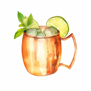 Moscow Mule: A zesty combination of vodka, ginger beer, and lime juice served in a copper mug. watercolor, clipart