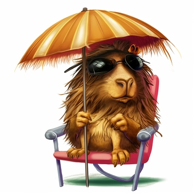 hyper-detailed clipart illustration of a happy Guinea Pig, sitting on a beach chair, wearing sunglasses and sipping a cold drink with a funny hat and a tiny paper umbrella, extreme close-up view, isolated on white background with margins, Studio Ghibli-style,