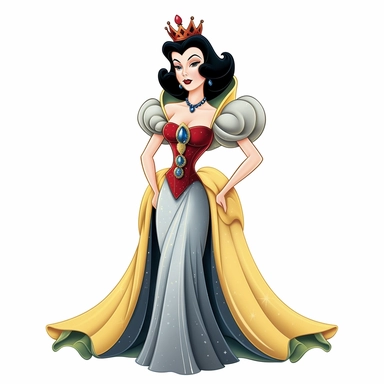 FULL-BODY PERSPECTIVE OF A 2D DISNEY CLIPART ILLUSTRATION OF A BEAUTIFUL AND BENEVOLENT QUEEN, WHITE BACKGROUND, STYLE OF DISNEY'S 1937 MOVIE SNOW WHITE, WHITE BACKGROUND