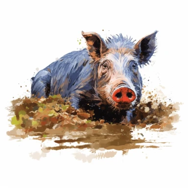 Giant forest hog, wallowing in a mud puddle to cool down, vibrant colors, clipart, on a white background.