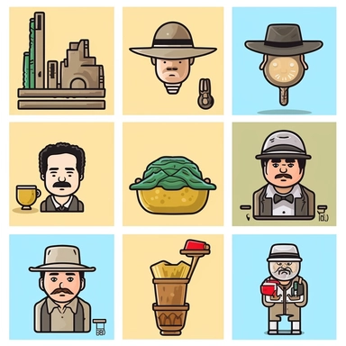 a set of black line clipart inspired by Raiders of the Lost Ark and travel and food and colonialism and David Chang and stolen cultural relics and cooking and grilling and eating and global cuisine and 1980s action figures