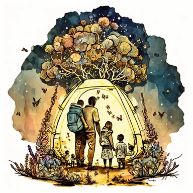 (perfect body figure) of a cute loving American family of 4, camping in a magical BEES GARDEN under starry night (a perfect close-up single-point-perspective view from the back) with its own habitats (flowers and plants) made into a natural-heart-shape, v