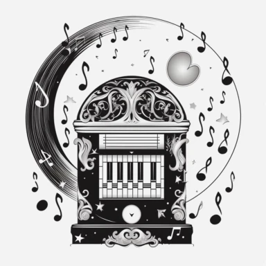 clipart with a beautiful jukebox and hearts in the centre. Beautiful, flat, classic style, black and white, round image border