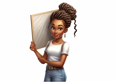 Cartoon Clipart of beautiful African American girl with braided hair, girl holding a blank board on white background, Norman Rockwell style is 20 years old holding white sheet poster, in the style of street style realism, uhd image, illustrated advertisements, eye-catching composition, photorealistic detail, light silver and brown, matte photo