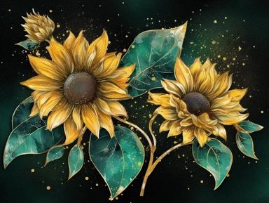 deep emerald gold watercolor sunflowers plants clipart, golden metallic lines and some glitter, shining colors, dark background, 8k, high resolution