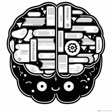 clipart of a brain full of books. Beautiful, flat, cute manga style, black and white, round image borders