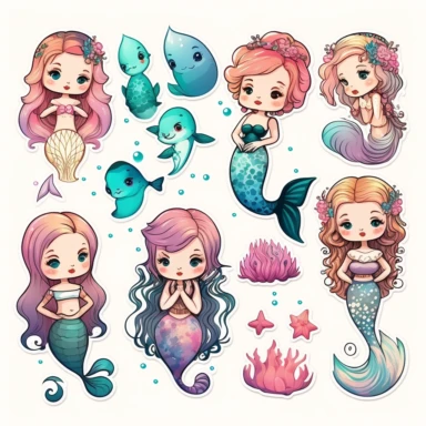 beautiful, 10 cute mermaid stickers collection, clipart design, cartoon, 4k, white background, photo realism