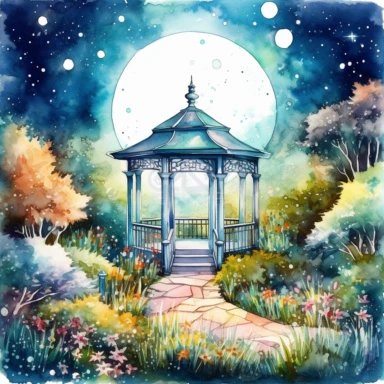 clipart style, watercolor scene of A dreamlike illustration of a Moonlit Garden, with the moon casting a soft radiance on the landscape. Colorful flowers bloom alongside a winding pathway, leading to a charming garden gazebo. The starry night sky above creates a mesmerizing backdrop, evoking a sense of tranquility and enchantment in this magical garden, HD, on white background