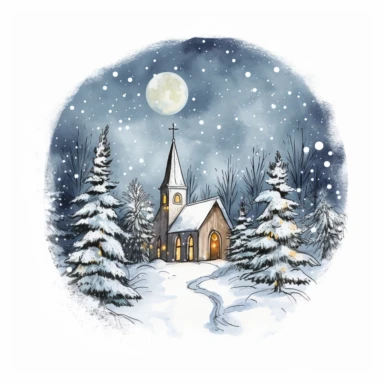 snow falling un some pine trees with fairy lights, church in the trees, in the moonlight, color pencil sketch on a white background for clipart