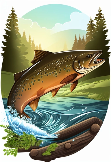 brown trout fish jumping out of a stream of water, Forest background, april, Rolling hills, fog, sunshine, digital art, clip art, cartoon