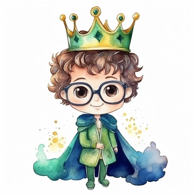 Clipart of a cute little king smilling. He is wearing a very beautiful suit and a cute blue cape. He is brunette and curly hair and with green eyes. He is wearing cute glasses. The crown is very boyish and made of gold. The background is watercolour and sparkly. 4K