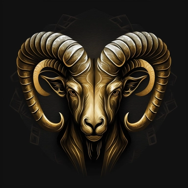 ram head logo clipart, logo, ram head, angry eyes, futuristic, big horns, heraldic, logotype, clipart, golden, gold material, front, detailed, dark background, golden chrome, exiting