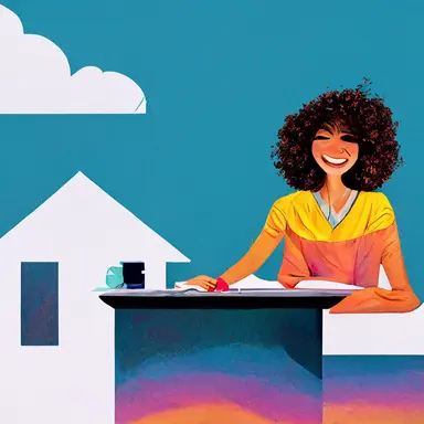 happy United States Air Force woman working from her desk at home on a beautiful day, clipart, house, colorful, creative, peaceful