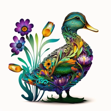 psychedelic cute real flower duck art nouveau, bright colours, clipart, centred, white background