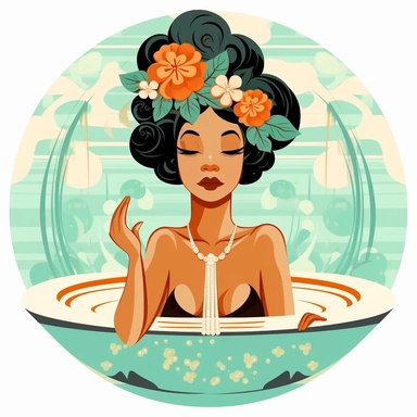art deco style clipart of ethnic female having a spa day. white background
