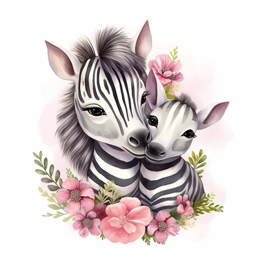 Cute floral illustration, realsitic adorable baby Zebra hugging his mom happy clipart, nursery style clipart, Nursery Animals Art, Kids Wall Art, Kids Room Decor, Baby Room Decor, isolated on white, ultra - detailed, high quality, ghibli style, award winning