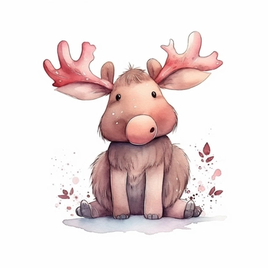 watercolor adorable kawaii baby moose character kawaii, isolated, kawaii,digital art,detailed, concept,art,8k,hd,on white background,clipart