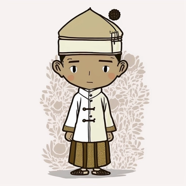 a boy, simple, traditional costume, local food, animal, educational, history, and cultural diversity, clipart style, cute, picture book style, captivating, kid friendly cute character, black and white, coloring book, not color style, cartoon style, vector image, simple, line art style, character, white background