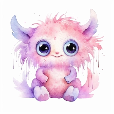 watercolour illustration, cute baby monster, big eyes, smiling, pastel, pale pink, aquarrellist, clipart, isolated, white background,