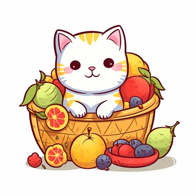 Clipart of a cute cat eating fruits kawaii style full multicolor white background