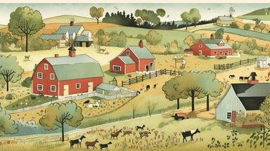 in clipart style, pen and ink, minimalist, in the style of Eric Carle, As you walk through the farm, you pass rows of bright green vegetables and vibrant fruit trees, each one ripe for the picking. The barn nearby houses a group of horses, their whinnies filling the air as they playfully gallop around their stalls.