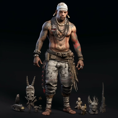 a white male, full body shoot, wearing tribal clothing and doll head necklace post apocalyptic, unreal game engine style, different poses, detail, clipart, black background, one of a kind--ar 16:9