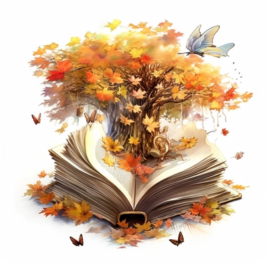 an old brown open book with flimsy pages and a autumn fantasy world coming out of it above the book, in the style of clipart fantasy, white background, butterflies and a huge fall tree, fluid formation, realistic watercolor paintings, dreamlike installations, detailed world-building, highly detailed foliage