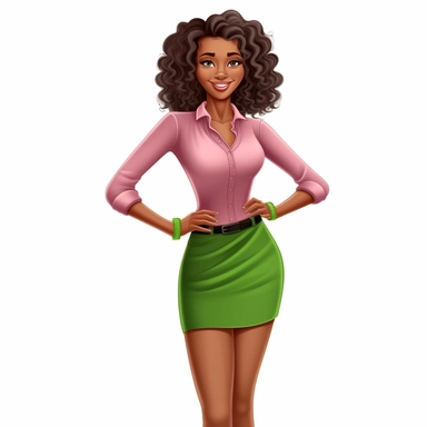 A full body, whole body, clipart, of a confident smiling boss beautiful fashion forward cartoon style melanin woman with long wavy hair dressed confidently in a pink fitted blouse with a green skirt that hugs her hips and her legs with brown eyes, thick lashes is the center focus of this stunning vector art, clipart, illustration well defined hands, well manicured hands, green colored shoes, white background, sticker