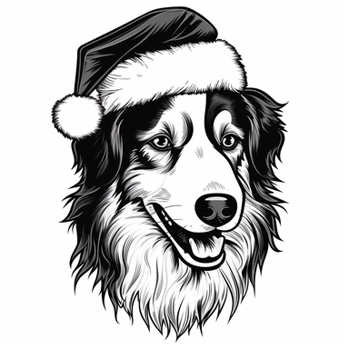 a realistic simple black and white vector style clipart outline of a Collie Dog wearing a Santa Hat