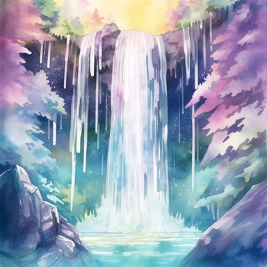 Create a holographic waterfall scene with an ethereal and artsy feel using a watercolor clipart style. The lighting should be normal, and the colors should be vibrant and eye-catching. The water in the waterfall should be holographic, and there should be no confusion with actual watercolor. The composition should showcase the best view of the waterfall.