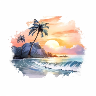 a magical beach between mountains, palm trees, white sand, sunset, broken waves, watercolor, clipart, white background,--v 5