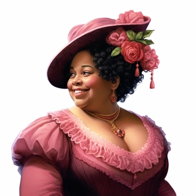 beautiful victorian black chubby lady, looking left, victorian hairstyle, victorian hat, Victorian era clothing, beautiful smile, realistic inverted portrait white background, high quality, hyper-realistic, Victorian Lady Clipart,pink dress