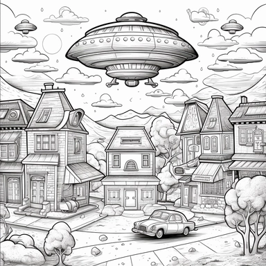 UFO in the Village pixar style, THIN LINES, INTRICATE DETAILS, HAND DRAWN, CRISP LINES, PENCIL SKETCH, HIGHLY DETAILED, ILLUSTRATION, LINE ART, DIGITAL ART, VECTOR, COLORING PAGE FOR KIDS, CLIPART, PRINTABLE OUTLINED ART, GREYSCALE, DIGITAL STAMP, MODERN CARTOON STYLE, REALISTIC CARTOON STYLE, MODERN ANIME, CLASSIC MANGA, KAWAII STYLE,CHIBI DRAWING STYLE